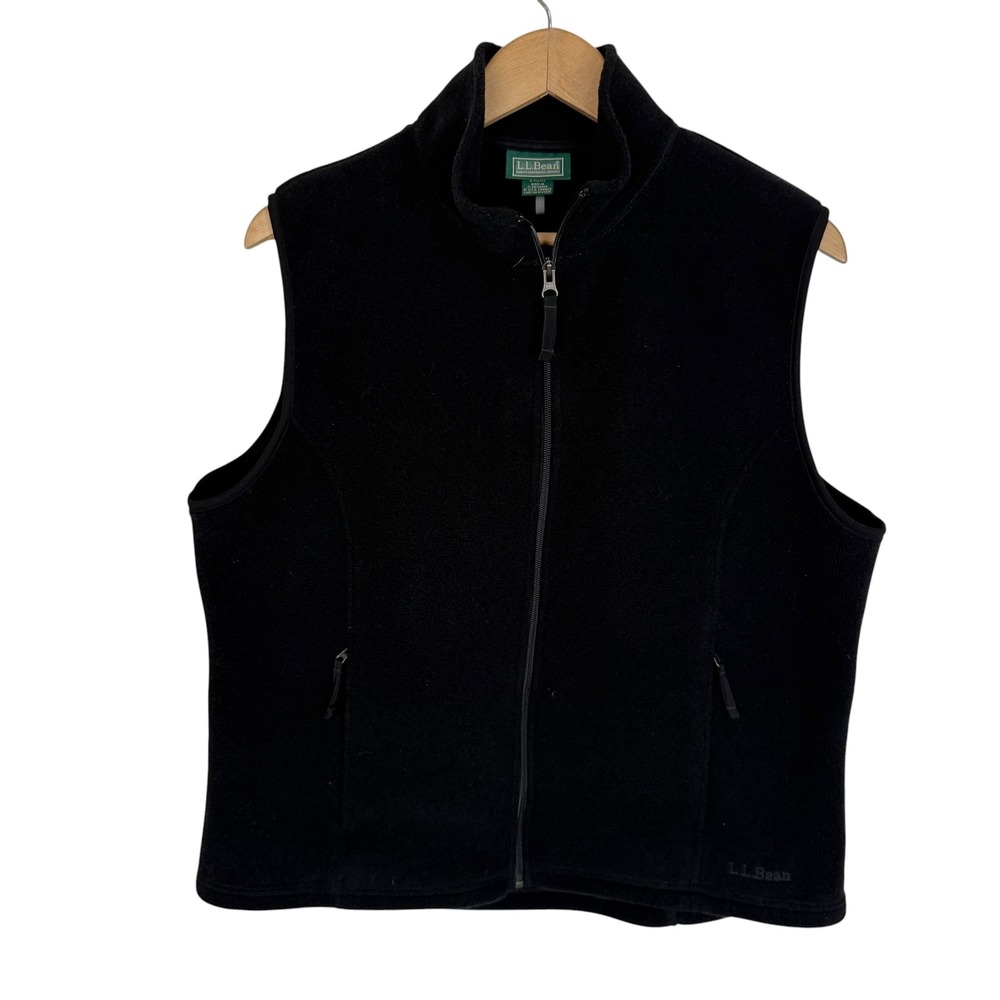 LL Bean Womens Black Fleece Full Zip Vest Jacket Large Regular Solid Outdoor